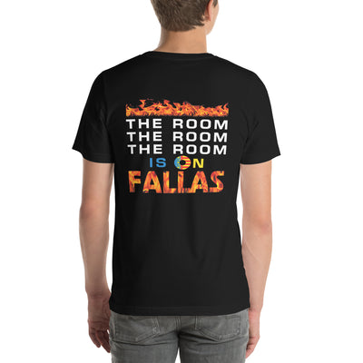 Camiseta negra "The Room is on Fallas" de C2C Spanish Style con diseño de fuego en la espalda.