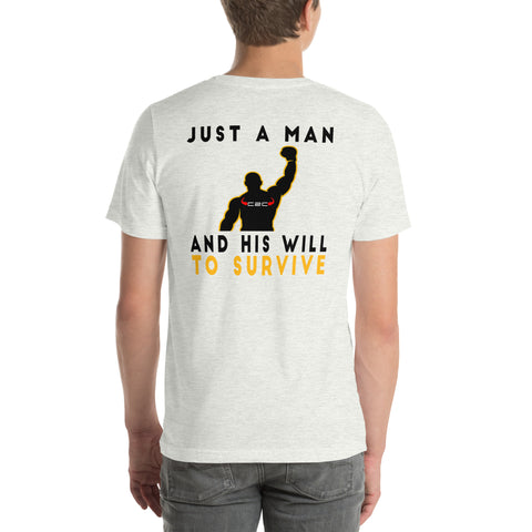 Camiseta C2C Just a MAN con diseño de boxeador de espaldas levantando el puño y frase motivacional en la espalda