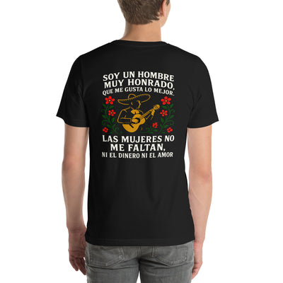Espalda de camiseta negra unisex C2C con diseño de mariachi y la frase “Soy un hombre muy honrado…”
