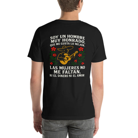 Espalda de camiseta negra unisex C2C con diseño de mariachi y la frase “Soy un hombre muy honrado…”
