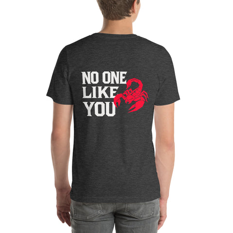 Hombre de espaldas llevando camiseta gris oscura con el texto ‘No One Like You’ y un escorpión geométrico rojo en la espalda.